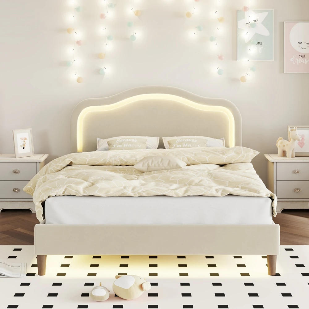 Simplie Fun Velvet Smart Led Bed Frame with Adjustable Headboard, Beige