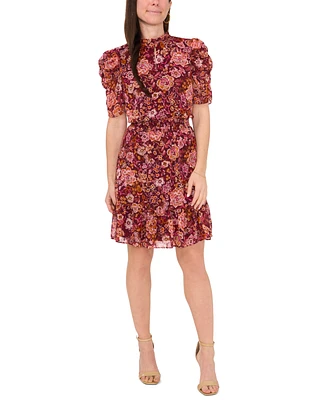 Msk Petite Floral-Print Puff-Sleeve Fit & Flare Dress