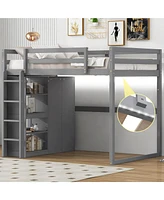 Streamdale Furniture Gray Wooden Full Loft Bed with Wardrobe and Led Light