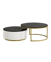 Streamdale Furniture Modern Round Nesting Coffee Table Fluted with Drawer in Black & Gold in 31.5"