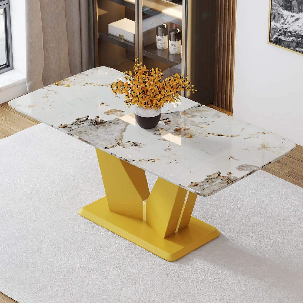 Simplie Fun Modern Rectangular Dining Table with Marble-Like Top and Gold Legs