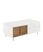 Streamdale Furniture White Coffee Table with Storage, Gold Legs, Led Lighting (47.2")