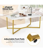 Sugift White Faux Marble Coffee Table with Gold Finished Metal Frame