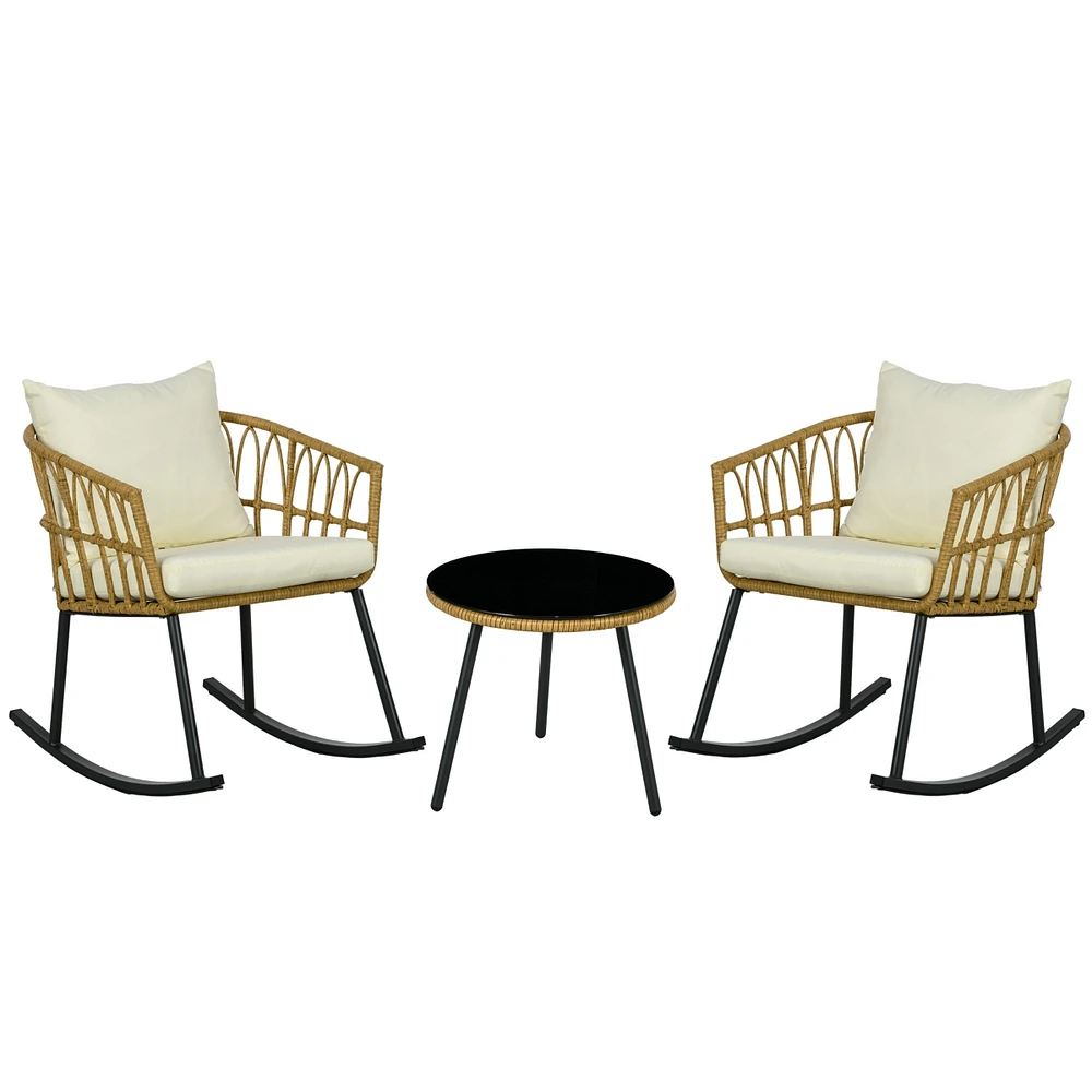 Simplie Fun Cream White 3-Piece Rattan Bistro Set with Rocking Chairs