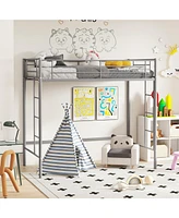 Gymax Twin Metal Loft Bed Frame w/ 2 Ladders Full-length Guardrail Space-Saving Silver