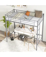 Gymax Twin Metal Loft Bed Frame w/ 2 Ladders Full-length Guardrail Space-Saving Silver