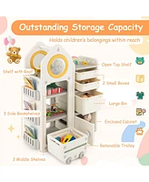 Gymax Kids Toy Storage Organizer Multipurpose Bookshelf w/ Cabinets & Mobile Trolley