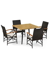 Costway 5 Pcs Patio Pe Wicker Dining Set Table and Chairs with Cushions 1.9" Umbrella Hole