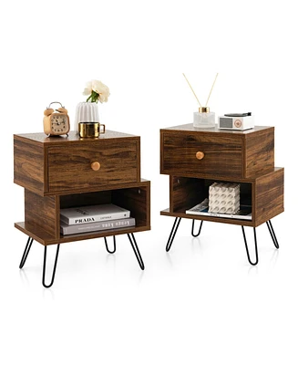 Skonyon Set of 2 2-Tier Irregular Wooden Nightstands with Elevated Metal Feet-Walnut