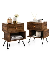 Skonyon Set of 2 2-Tier Irregular Wooden Nightstands with Elevated Metal Feet-Walnut