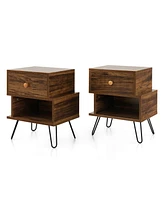 Skonyon Set of 2 2-Tier Irregular Wooden Nightstands with Elevated Metal Feet-Walnut