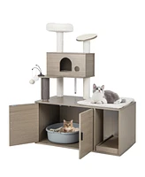 Sugift 2-in-1 Modern Cat Tower with Litter Box Enclosure for Indoor Cars-Gray