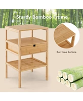 Skonyon Nightstand Set of 2 Bamboo End Table with 2 Open Shelves and Drawer-Set of 2