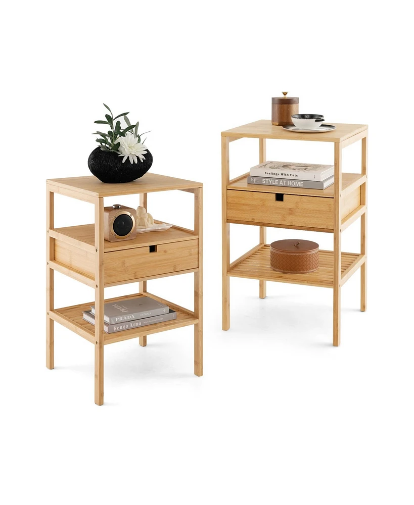 Skonyon Nightstand Set of 2 Bamboo End Table with 2 Open Shelves and Drawer-Set of 2