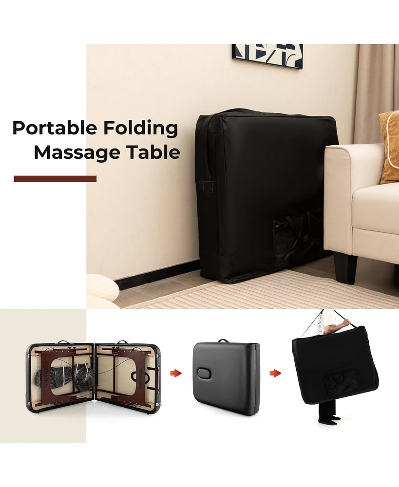 Sugift Folding Massage Table with Height-adjustable Beech Wood Frame-Black