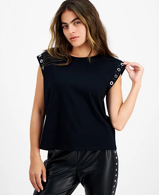 Bar Iii Petite Crewneck Grommet-Trim-Sleeve Top, Created for Macy's