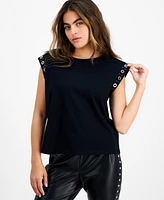 Bar Iii Petite Crewneck Grommet-Trim-Sleeve Top, Created for Macy's