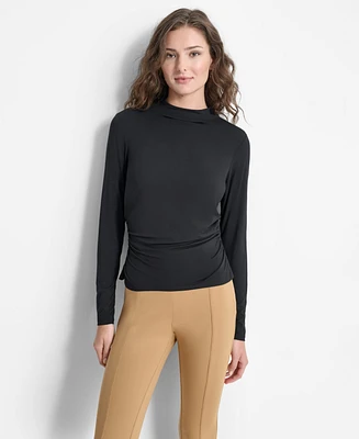 Dkny Women's Solid Side-Ruched Mock-Neck Long-Sleeve Blouse