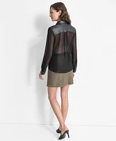 Dkny Women's Sheer Mixed-Media Button-Front Long-Sleeve Top