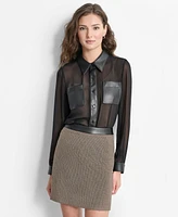 Dkny Women's Sheer Mixed-Media Button-Front Long-Sleeve Top