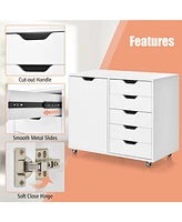 Skonyon 5-Drawer Dresser Chest Mobile Storage Cabinet with Door-White