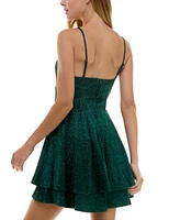 City Studios Juniors' Glitter Sleeveless Tiered Fit & Flare Dress