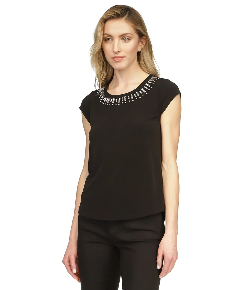 Michael Kors Rhinestone-Neckline Cap-Sleeve Top