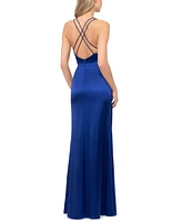 Blondie Nites Juniors' Pleated V-Neck Evening Gown