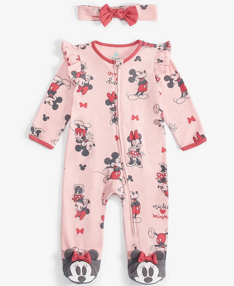 Disney Baby Girls Minnie Mouse Printed Coverall & Headband