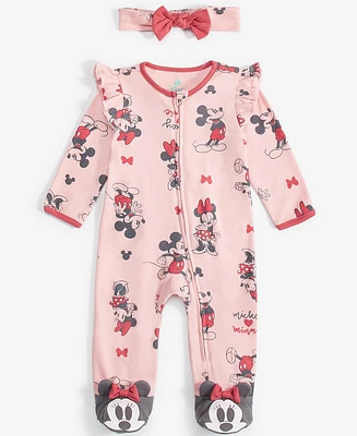 Disney Baby Girls Minnie Mouse Printed Coverall & Headband