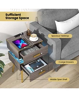 Sugift Nightstand Sofa Side Tables with Charging Station and 2 Drawers and Led lights-Gray