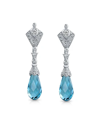 Bling Jewelry Deco Style Aqua Blue Briolette Faceted Teardrop Cubic Zirconia Cz Chandelier Earrings For Women Sterling Silver