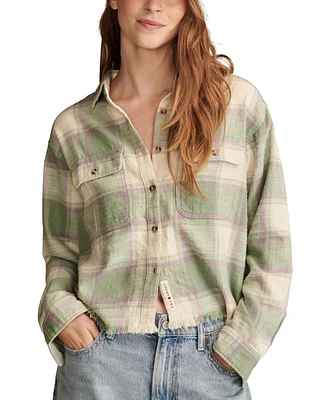 Lucky Brand Women's Cotton Raw Edge Plaid Cropped Button Down Top