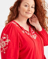 Style & Co Plus Size Embroidered Tie-Neck Knit Top, Created for Macy's