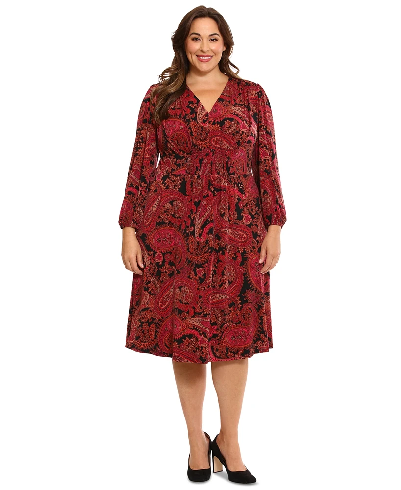 London Times Plus Paisley V-Neck Long-Sleeve Midi Dress