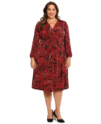 London Times Plus Paisley V-Neck Long-Sleeve Midi Dress