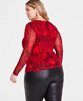 I.n.c. International Concepts Plus Printed Mesh Cutout Long-Sleeve Top, Created for Macy's