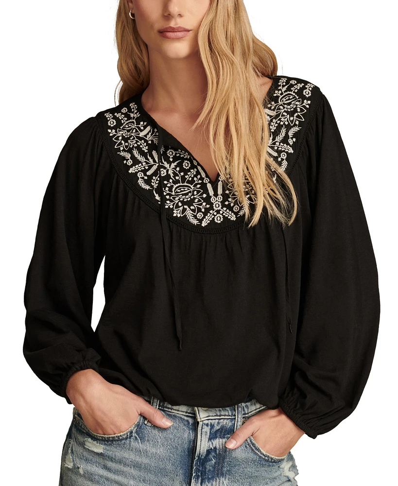 Lucky Brand Women's Cotton Embroidered Peasant Top