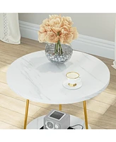 Tribesigns Faux Marble End Table, 2 Tier Round Side Table with Shelves, Modern Gold Nightstand Bedside Table Small Coffee Accent Table for Living Room