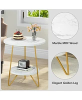 Tribesigns Faux Marble End Table, 2 Tier Round Side Table with Shelves, Modern Gold Nightstand Bedside Table Small Coffee Accent Table for Living Room