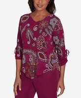 Alfred Dunner Petite Wine Country Floral V Neck Top with Three Quarter Drawstring Sleeves