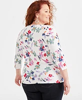 Style & Co Plus Size Printed Cotton Boat-Neck 3/4-Sleeve Top, Created for Macy's