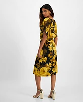 Connected Petite Printed Round-Neck Overlay Midi Dress