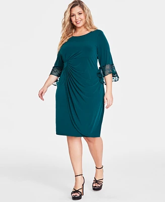 Connected Plus Size Lace-Cuff 3/4-Sleeve Chiffon Dress