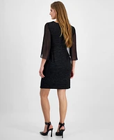 Connected Petite Round-Neck Cape-Sleeve Shimmer Dress