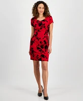 Connected Petite Queen-Anne-Neck Floral-Print Sheath Dress