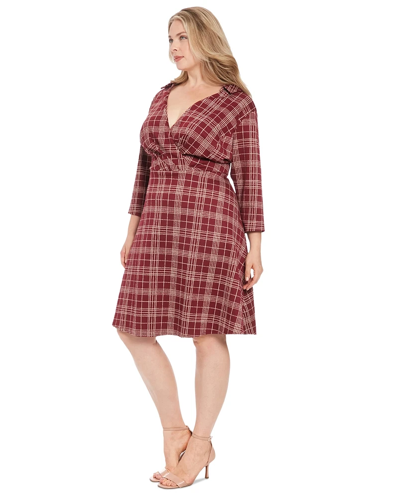 London Times Plus Size Plaid Collared V-Neck 3/4-Sleeve Dress