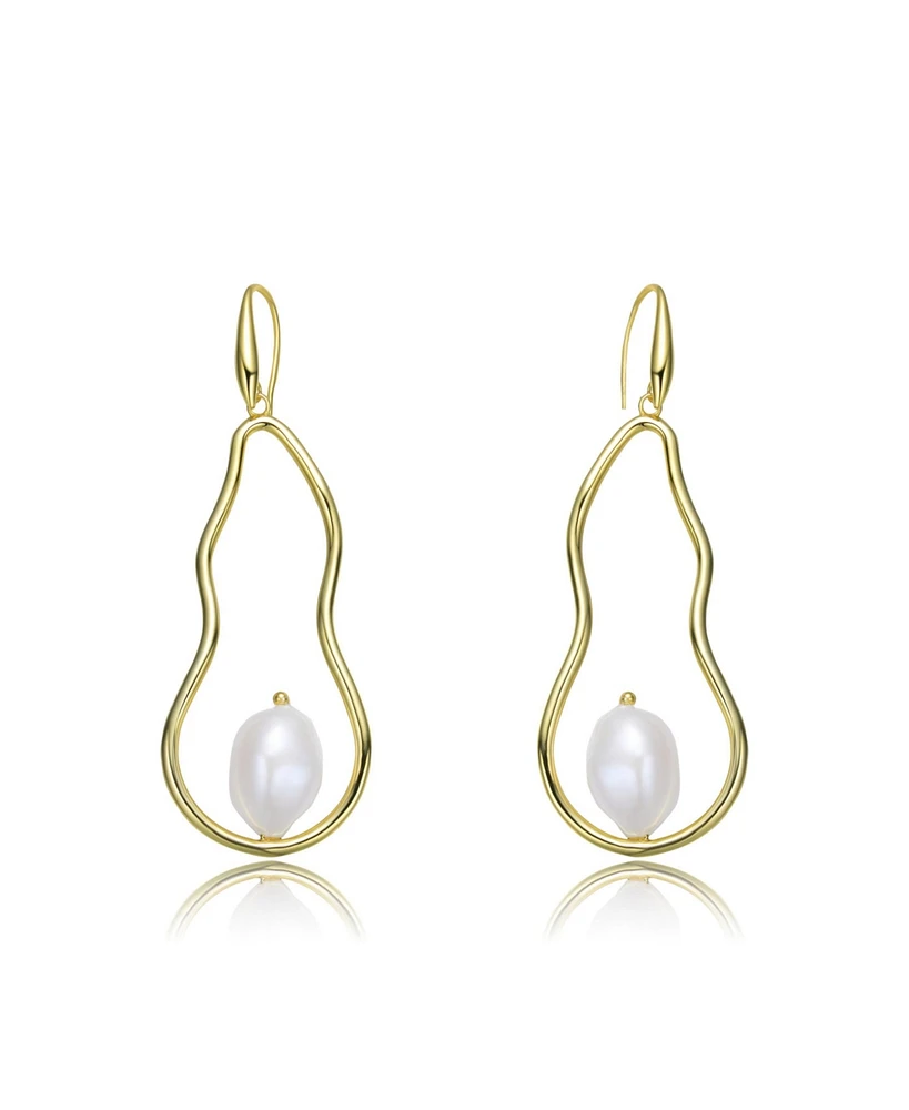 Genevive Very Stylish Sterling Silver with Gold Plating and Genuine Freshwater Pearl Elongated Dangling Earrings