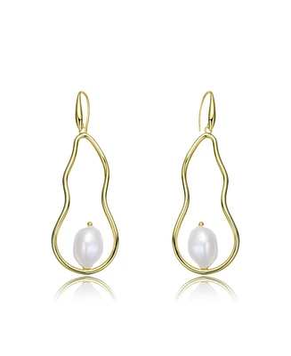 Genevive Very Stylish Sterling Silver with Gold Plating and Genuine Freshwater Pearl Elongated Dangling Earrings