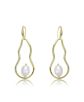 Genevive Very Stylish Sterling Silver with Gold Plating and Genuine Freshwater Pearl Elongated Dangling Earrings